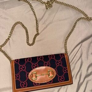 Gucci Navy and Brown Wallet on chain